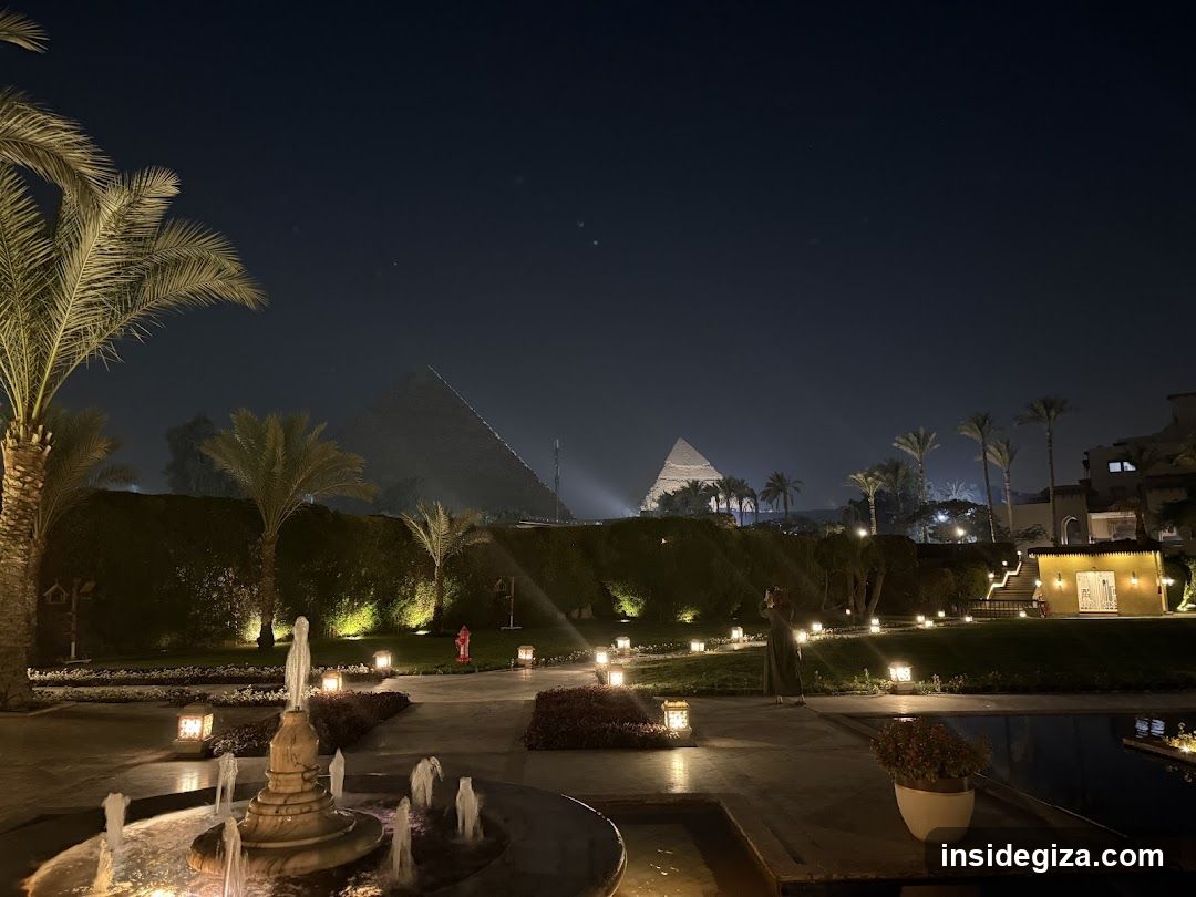 Night View of Pyramids with Fountain