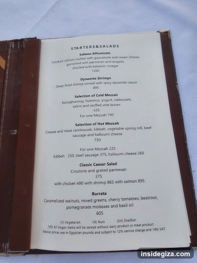 A printed menu page showing starters, salads, and mezze selections with prices in Egyptian pounds.