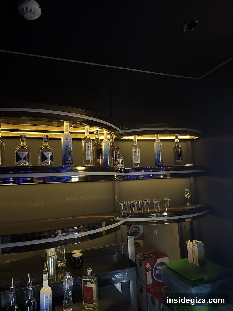 The image shows the interior of a bar or lounge, featuring curved shelves illuminated by warm lighting. The shelves are stocked with various bottles of alcohol, including vodka and other spirits. Below the shelves, there is a counter with additional bottles and glasses. The setting appears to be dimly lit, creating a cozy ambiance suitable for drinking.