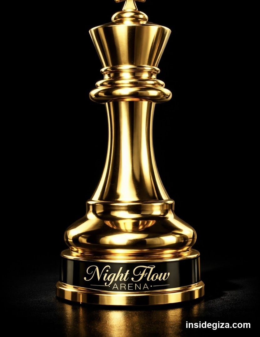 A golden chess king piece mounted on a black base with 'Night Flow ARENA' engraved in gold script.