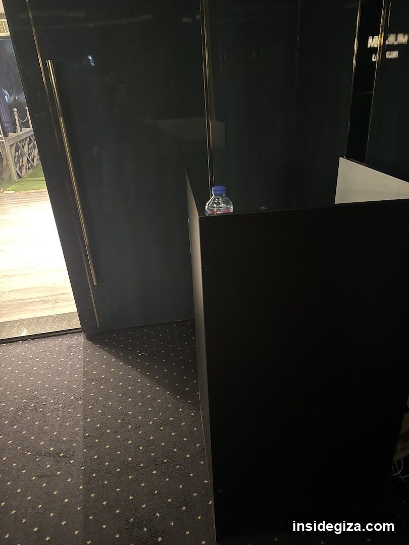 A dark interior space featuring a black countertop with a single water bottle placed on it. The floor is covered in patterned carpeting, and there is a glass door leading outside.