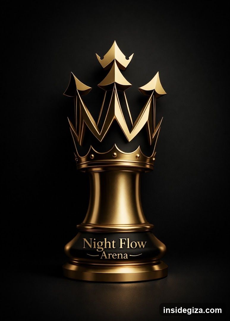 A golden chess king piece trophy with 'Night Flow Arena' engraved on its base, set against a dark background.