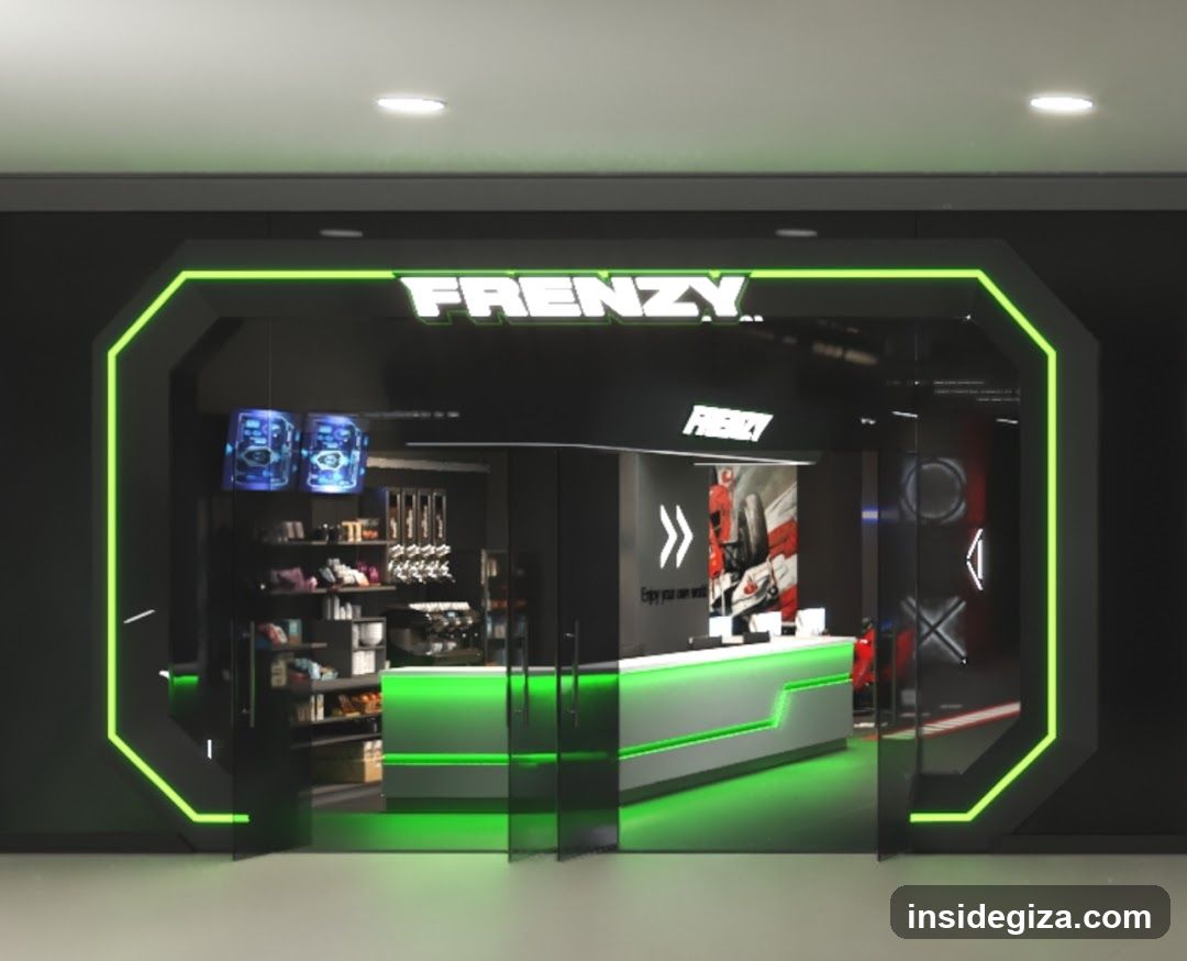 The image shows the exterior entrance of a store named 'FRENZY'. The storefront features a modern design with black walls and bright green neon lighting outlining an octagonal frame around the entrance. Inside, there is a reception desk illuminated by green lights, shelves displaying various products, and promotional posters on the wall. The overall ambiance suggests a tech or gaming-related retail environment.