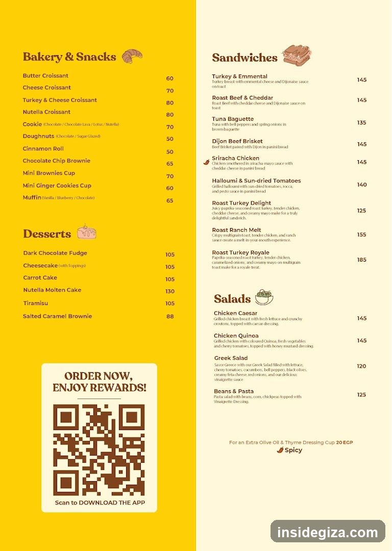 A printed menu featuring bakery items, sandwiches, salads, and desserts with prices.