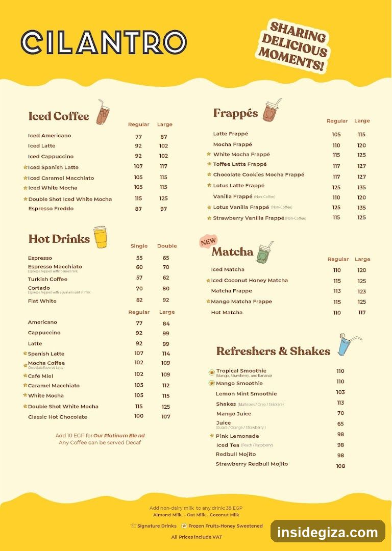 A vibrant yellow menu featuring coffee, frappés, matcha drinks, and refreshers & shakes.