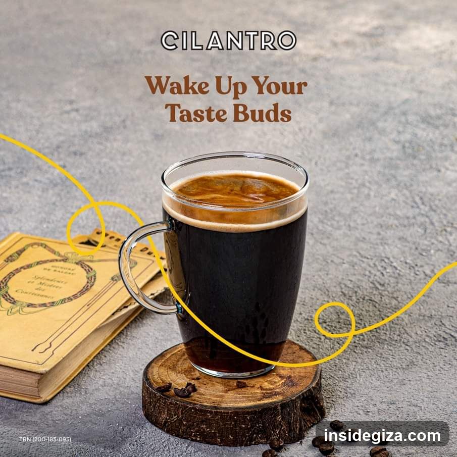 A glass of dark coffee with a golden crema sits on a wooden coaster, surrounded by scattered coffee beans and an old yellow book. A bright yellow line weaves through the scene, adding a dynamic touch. The background is a textured gray surface.