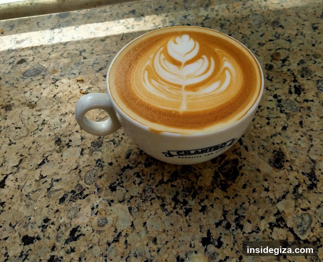 A white ceramic cup with latte art featuring a leaf design sits on a speckled granite countertop. The cup has the word 'CILANTRO' printed near the base, along with smaller text below it.