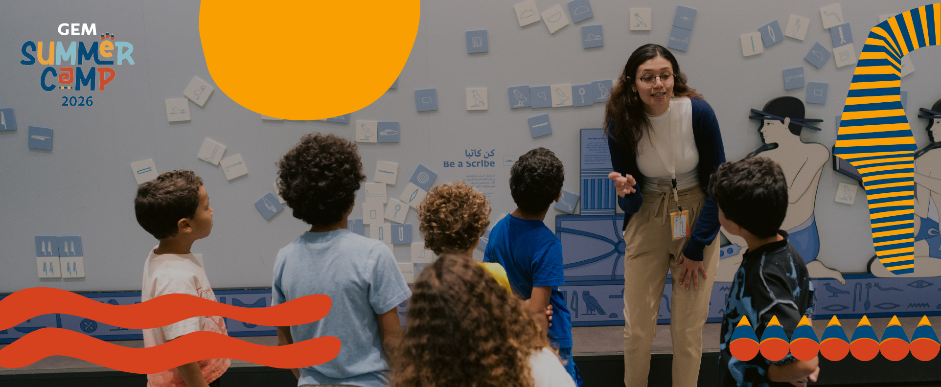 GEM Summer Camp promotional banner for the Discover the World of Tutankhamun programme at the Grand Egyptian Museum