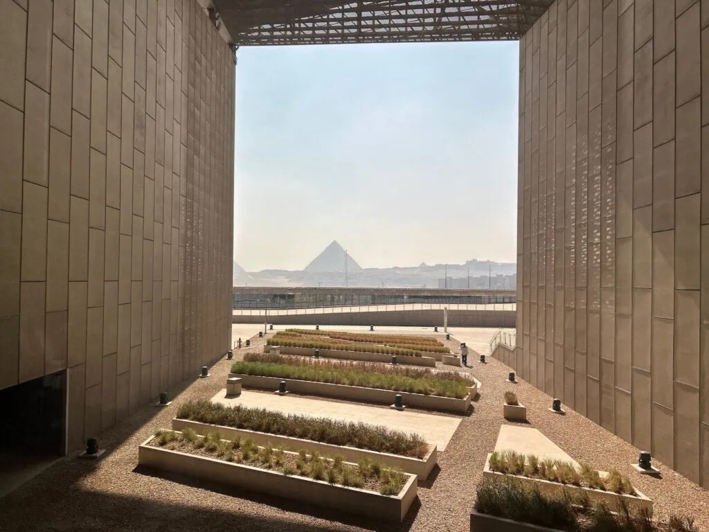 View of the pyramids from the main hall of the Grand Egyptian Museum
