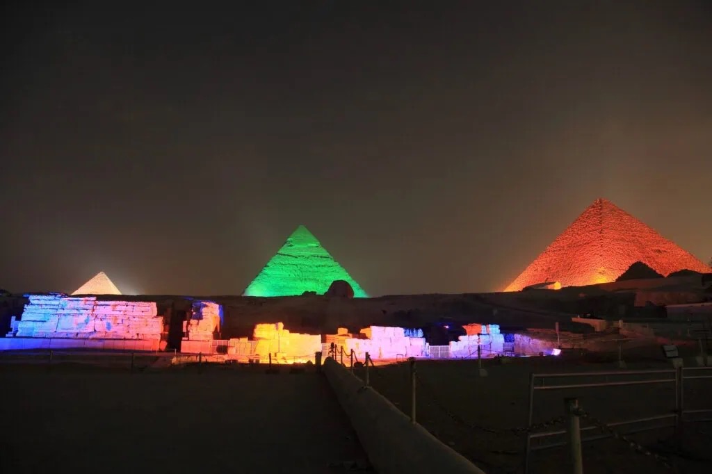 Giza pyramids illuminated during the Sound and Light Show