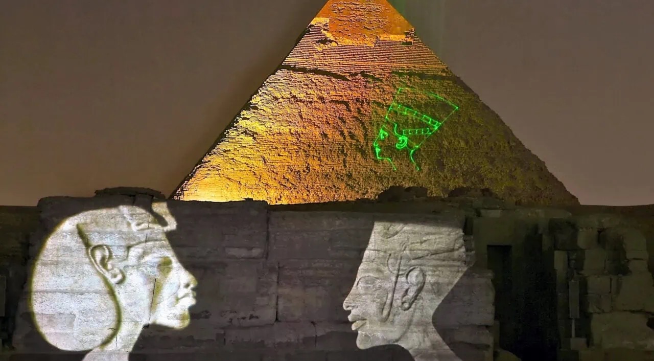 The Sphinx and Pyramid of Khafre lit up during the Sound and Light Show