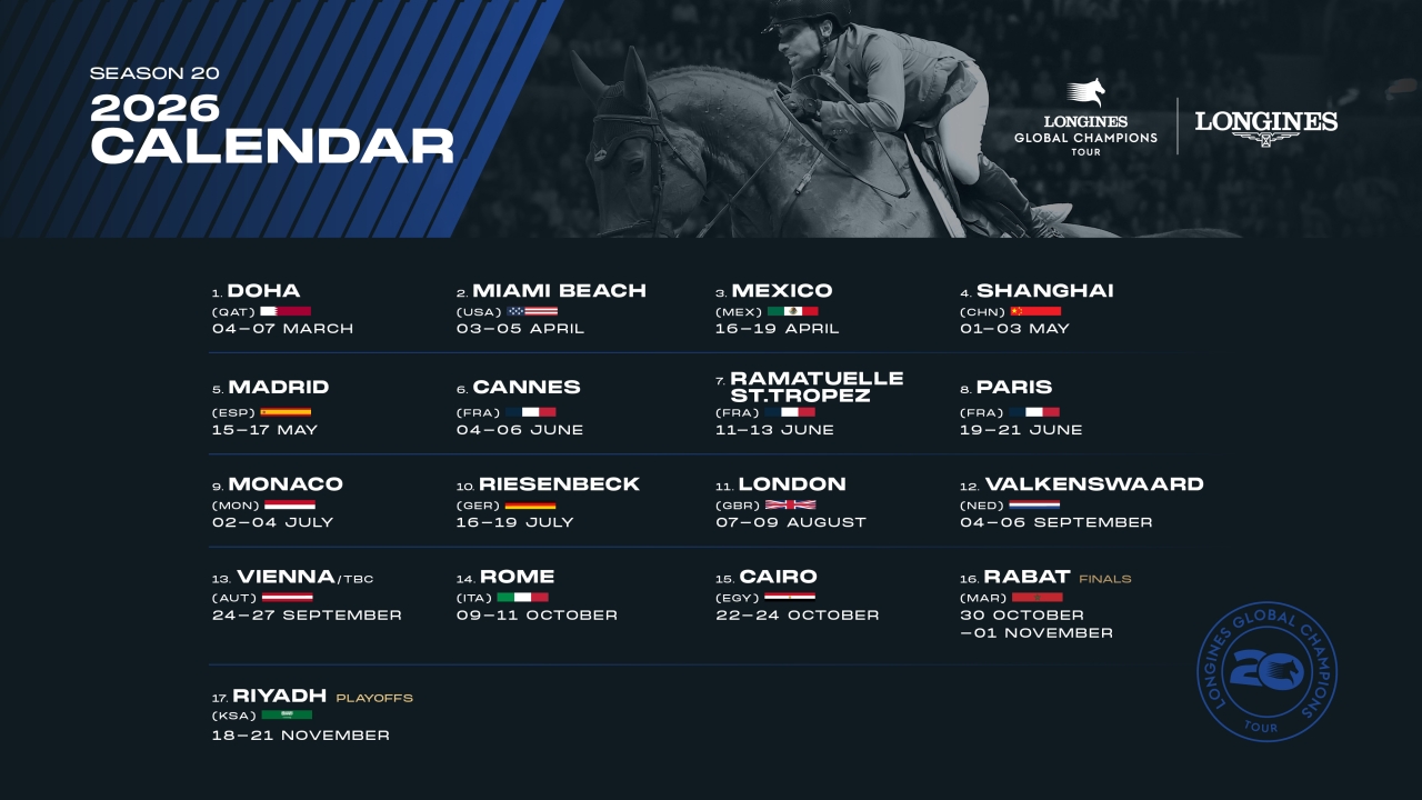 Official Longines Global Champions Tour 2026 calendar graphic including the Cairo stage