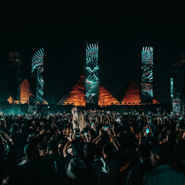 Festival staging and lighting setup at the Great Pyramids of Giza for Starlight Festival 2026